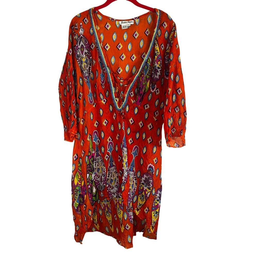 Colorful Paisley Tunic Dress Red XL Rave Festival Boho Indie Whimsical Beachy